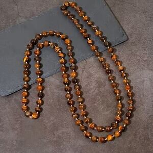 47" Faux Tiger Eye Bead Necklace - Boho Brown Glass Bead Long Strand Jewelry